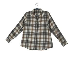 Kuhl womens size L shirt beige/cream button-up plaid flannel  soft, outdoors